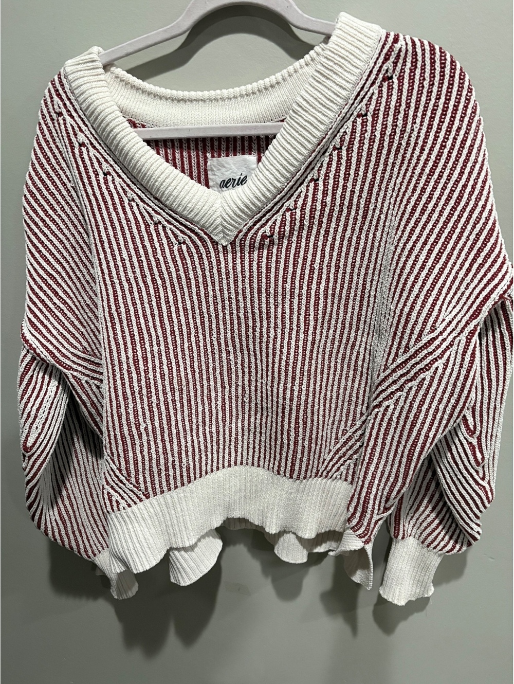 Aerie Red and White Striped V Neck Sweater XXS